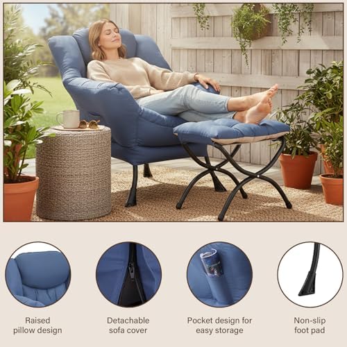 Welnow Lazy Chair with Ottoman, Reading Chair with Footrest,Royal Blue