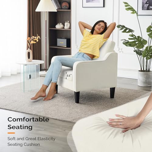 VINGLI Cream Accent Chair, Chenille Upholstered Armchair for Living Room
