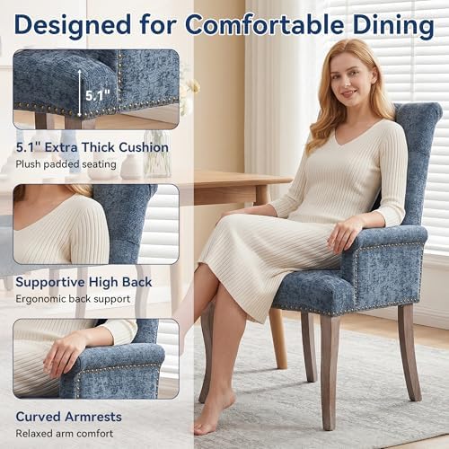 Farmhouse Upholstered Dining Chair Set of 2 with Arms & Nailhead Trim, Tu...