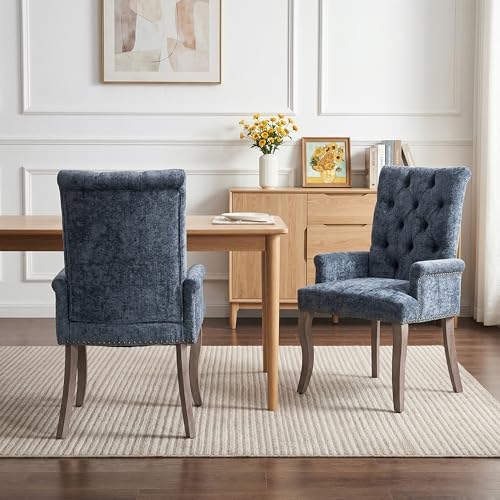 Farmhouse Upholstered Dining Chair Set of 2 with Arms & Nailhead Trim, Tu...