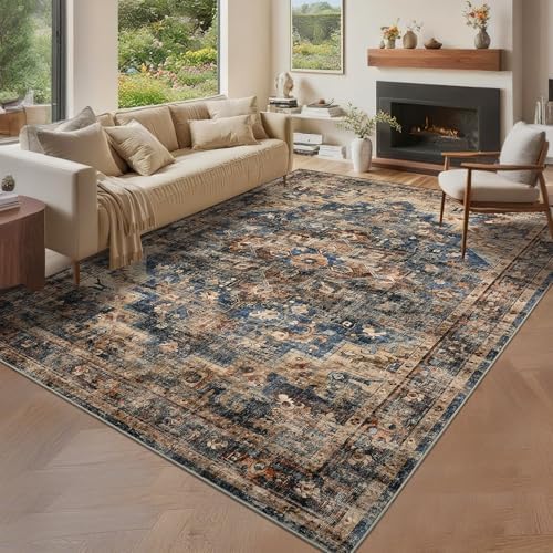 GarveeHome 9x12 Area Rug for Living Room Washable Vintage Rug Blue&Brown