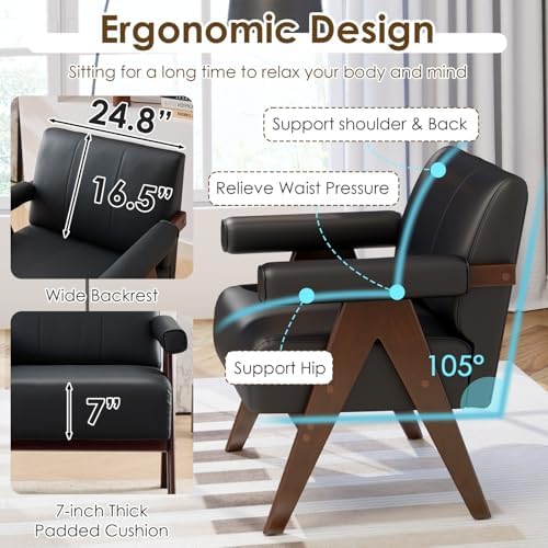 STHOUYN Leather Accent Chairs, Living Room Chair with Wooden Legs (Black)