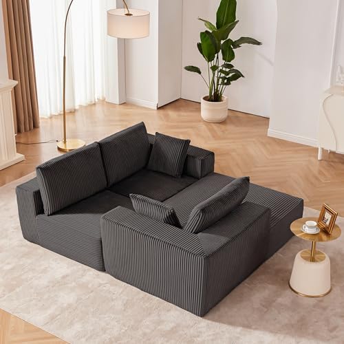 108" Boneless Couch with Chaise, Cloud Sectional Modular Sofa, Darkgrey | Deep Seat Modular Sectional Sofa for Living Room, Upholstered Corduroy Couch for Apartment, Convertible No Assembly Sofa