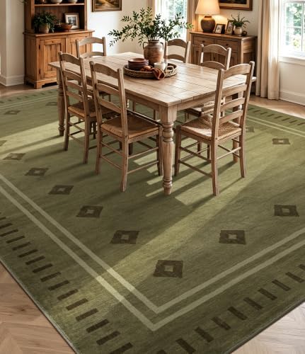 YIHOUSE Green Diamond Bordered Rugs for Living Room 8x10, Non-Slip Washable F...