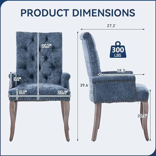 Farmhouse Upholstered Dining Chair Set of 2 with Arms & Nailhead Trim, Tu...