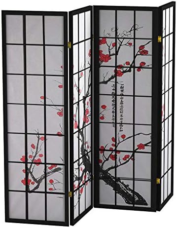 Roundhill Furniture Black Japanese 4-Panel Screen Room Divider, Plum Blossom
