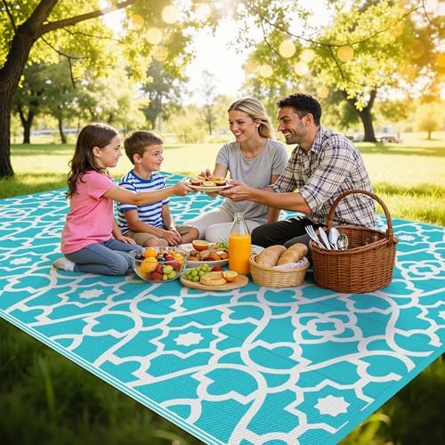 HEBE Waterproof Outdoor Rug 9'x12', Geometric Reversible Plastic Pati...