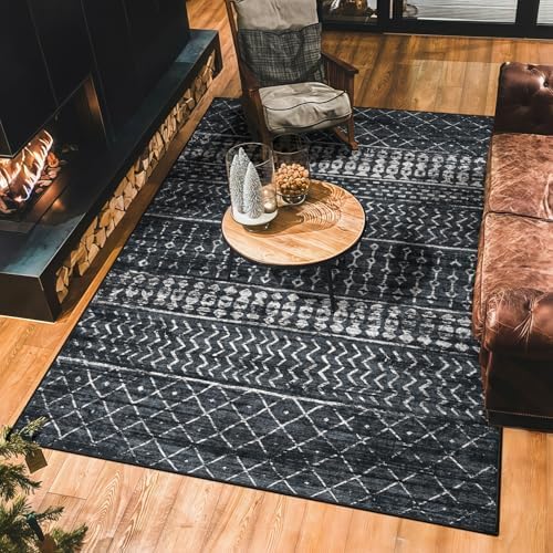 Washable 5x7 Area Rug, Modern Boho Black Non-Slip for Living Room, Bedroom
