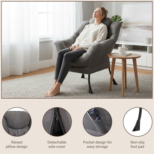 Welnow Lazy Chair for Adults,Modern Reading Accent Chair,Dark Grey Single