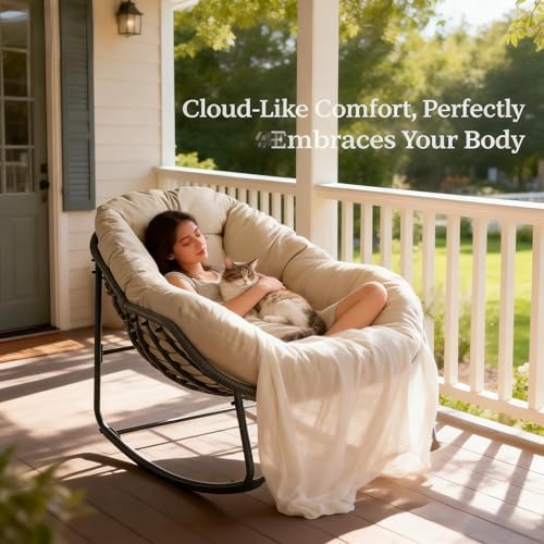 YDcosyfy Oversized Outdoor Papasan Rocking Chair with Soft Cushion, Comfy Pat...
