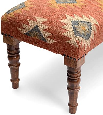 Acacia Wood Kilim Jute Fabric Upholstered Bench | Multi-Purpose Wooden Ottoma...