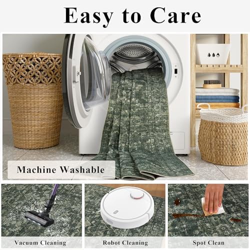 10x14 Washable Living Room Area Rug Soft Boho Dark Green Large Carpet