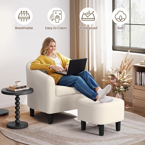Yaheetech Accent Chairs with Ottoman, Boucle Fabric Barrel Chairs, Ivory