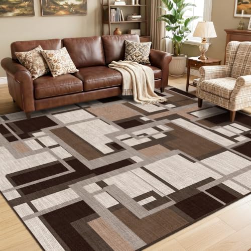 Modern Geometric Area Rug for Living Room, Coffee Brown Washable Rugs 5x7