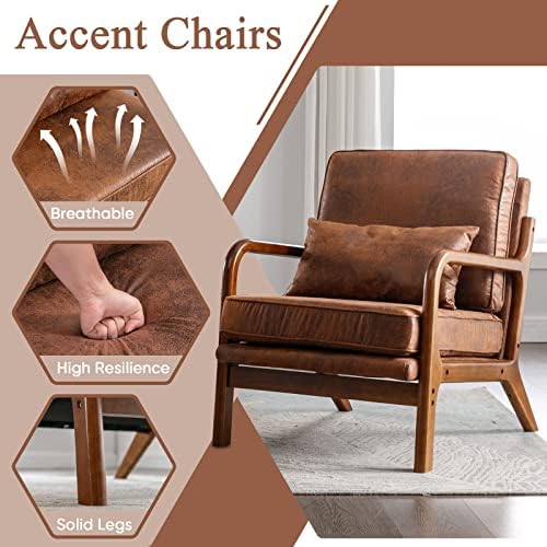 Mid Century Modern Accent Chair Set of 2 Living Room- Comfy Solid Wood Arm Ch...