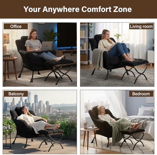 Welnow Lazy Chair with Ottoman, Reading Chair with Footrest,Matte Black