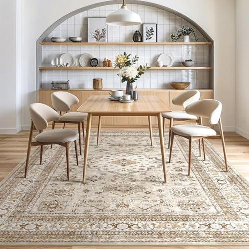 cotiled 5x7 Area Rug for Living Room, Washable, Traditional, Beige