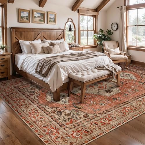 Oriental 8x10 Washable Area Rugs for Living Room, Boho Non Slip Large Rug