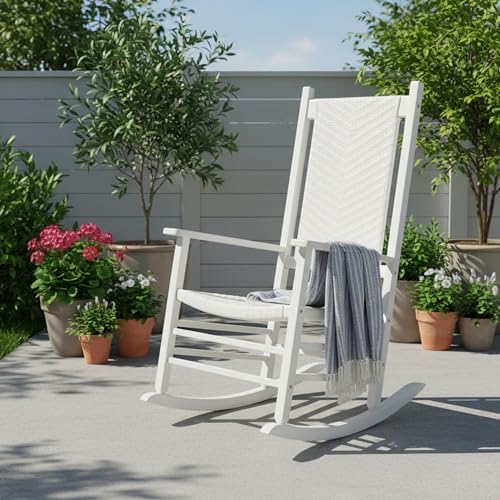 Shine Company Hampton Porch Rocker, High Back Wood Rocking Chair, Rattan Back...