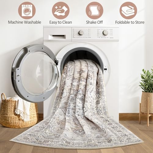 LOONGRUG 8x10 Area Rugs Washable Vintage Boho Living Room Rug Ivory Gray