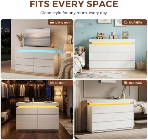 6 Drawer Dresser with LED Lights and Charging Station, Modern White Dresser