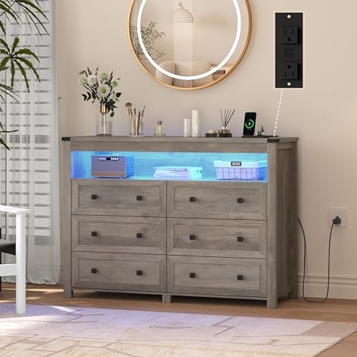 Wodeer Grey Dresser 6 Drawer Dressers for Bedroom with LED Lights, Charging S...