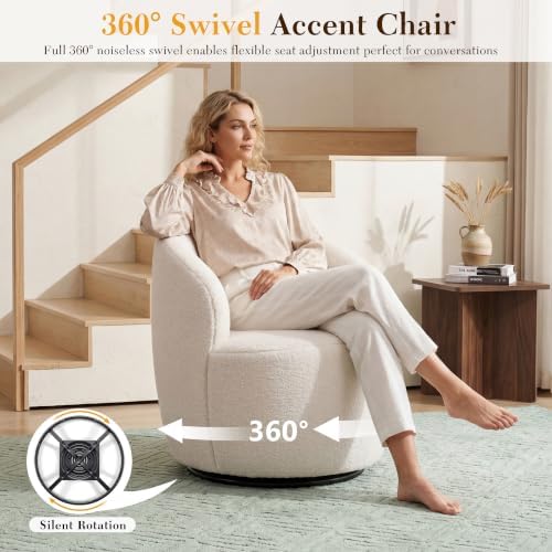 FOXHUNTER 360° Swivel Accent Chair, Barrel Chairs, Teddy Ivory