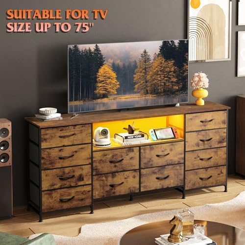 WLIVE Dresser TV Stand for 75 Inch TV, 12 Drawer LED Dresser, Rustic Brown