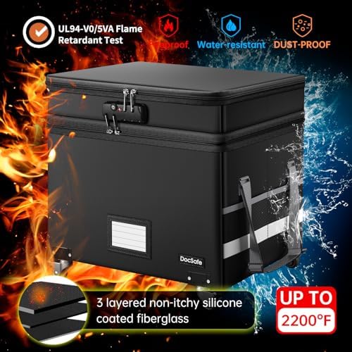 DocSafe Fireproof Document Box with Lock,2-Layer File Box with Wheels,Collaps...