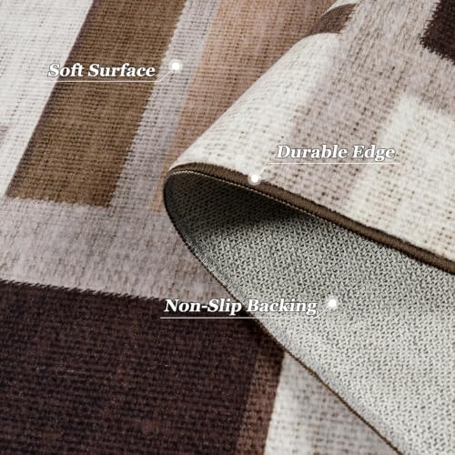Modern Geometric Area Rug for Living Room, Coffee Brown Washable Rugs 5x7