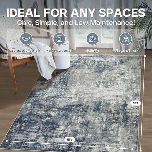6x9 Area Rugs for Living Room Bedroom Dining Room Washable Blue Grey