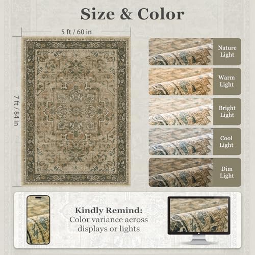 Vintage Distressed 5x7 Area Rugs for Living Room Bedroom Non Slip Washable, M...
