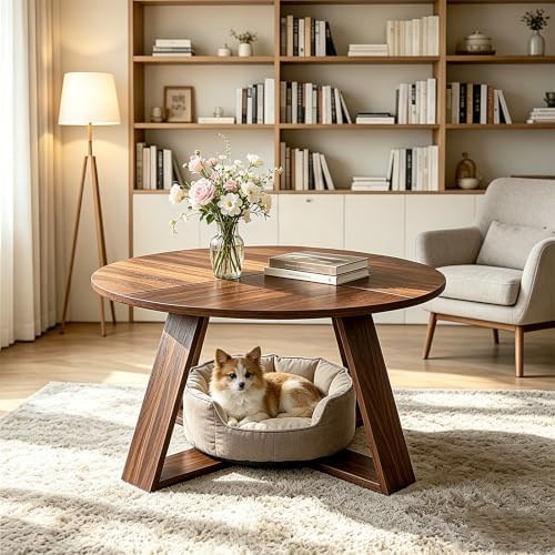 HAIOOU Round Coffee Table for Living Room with Open Storage -Walnut Wood