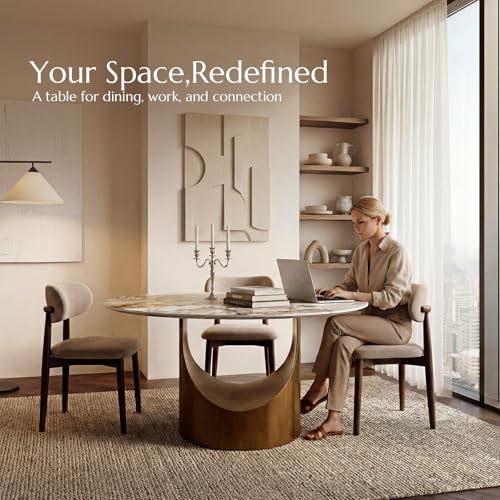 POVISON 59" Round Dining Table for 6, Pandora Sintered Stone Tabletop | ...
