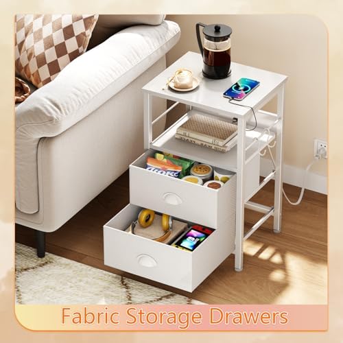 Furologee End Table with Charging Station, Nightstand with Fabric Drawers, Si...