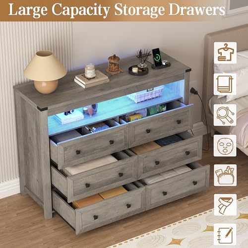Wodeer Grey Dresser 6 Drawer Dressers for Bedroom with LED Lights, Charging S...