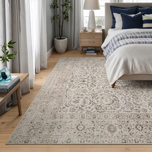 Traditional Beige & Off White Washable Area Rug with Border by Bloom Rugs