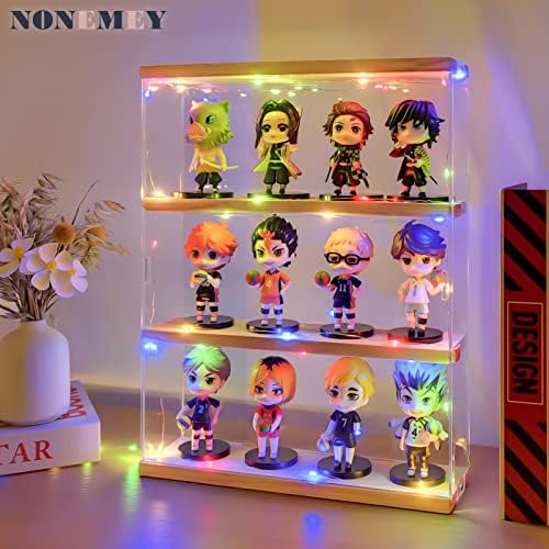 NONEMEY Clear Acrylic Display Case Stand with Wood Base 3 Tier Storage Box Wa...