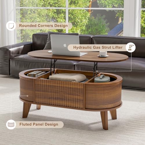 LYNCOHOME Fluted Lift Top Coffee Table with Storage,Modern Oval Coffee Table ...