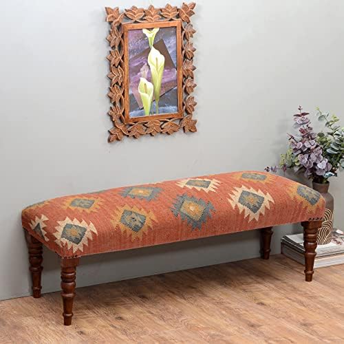 Acacia Wood Kilim Jute Fabric Upholstered Bench | Multi-Purpose Wooden Ottoma...