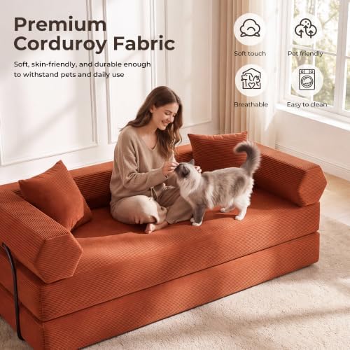 79"Convertible Futon Sofa Bed, Boneless Couch for Living Room | Clay Orange