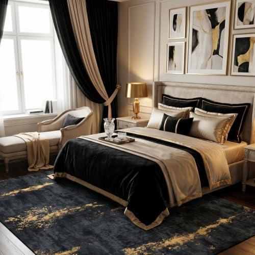 Fixwal Washable 5x7 Area Rug for Living Room, Non-Slip, Black/Gold