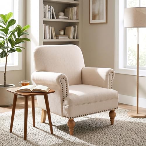 Beige Linen Fabric Accent Chair, Modern Farmhouse Upholstered Armchair with N...