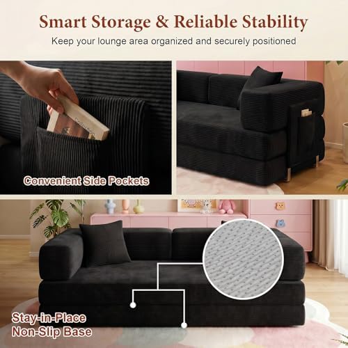 Convertible Futon Sofa Bed | 78.8” Corduroy Boneless Couch with Pull Out Sofa...