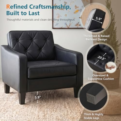 Black Accent Chairs Set 2, Faux Leather Armchair, Mid Century Modern Lobby
