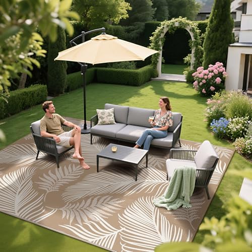 Pauwer Waterproof Outdoor Rug 8x10, Plastic Straw Patio Rug, Leaf Brown
