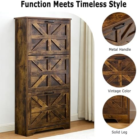 Shoe Storage Cabinet with 3 Flip Drawers, Farmhouse Shoe Organizer with Barn ...