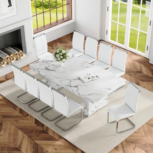Ebullient 79'' Marble Dining Table Set for 10, 3.5'' White Marble-Patterned Tabletop with Stable MDF Base, Modern Dining Table Set for 10 with Chairs, Suitable for Dining, Meeting, and Gathering