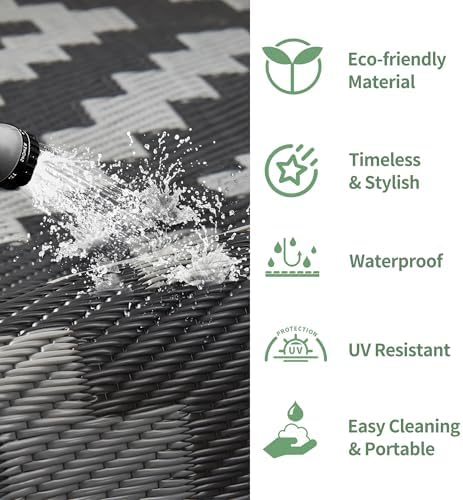 GENIMO Outdoor Rug, Waterproof Plastic Rugs for Patio, 6'x9' Black Grey