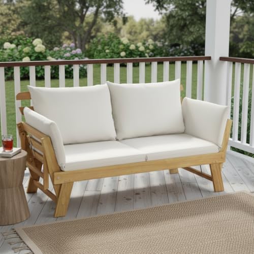 Tangkula Convertible Acacia Wood Patio Sofa Bed with Adjustable Armrest